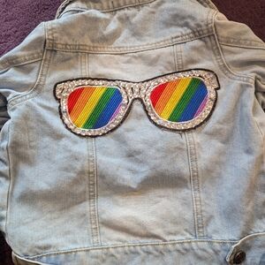Lola + The Boys Light Wash Denim Jacket with Rainbow Sunglasses Patch- 4T